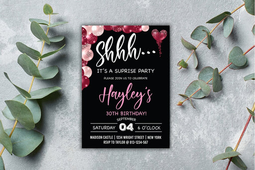 DIY 30th Birthday Invite for Her | Any Age Shhh It's a Surprise Birthday Invitation