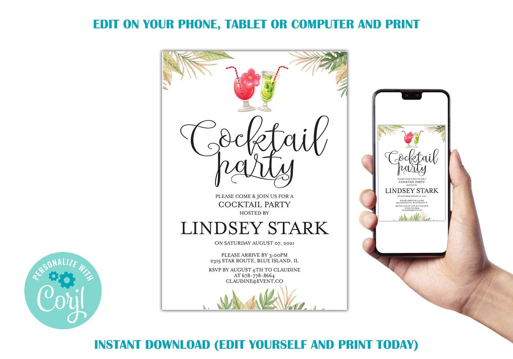 Customizable Tropical Cocktail Party Invitation Template | Sip Sip Cocktail Invite With Palm Trees