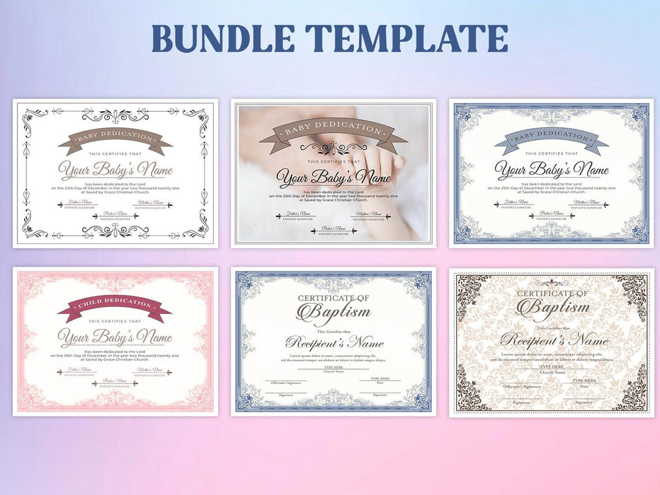 Customizable Child Dedication and Baptism Certificate Template BUNDLE | Set of 6 Editable Certificate