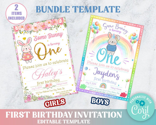 DIY Some Bunny is One Birthday Invitation Bundle | Set of 2 Bunny Themed Birthday Invite Template