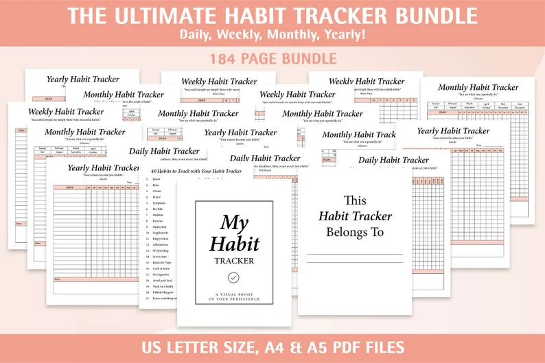 Printable Ultimate Minimalist Habit Tracker Bundle | Yearly Monthly Weekly Daily Habit Tracker