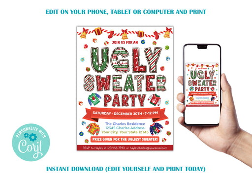 DIY Ugly Sweater Holiday Party Invite Flyer | Ugly Sweater Contest Invitation Template