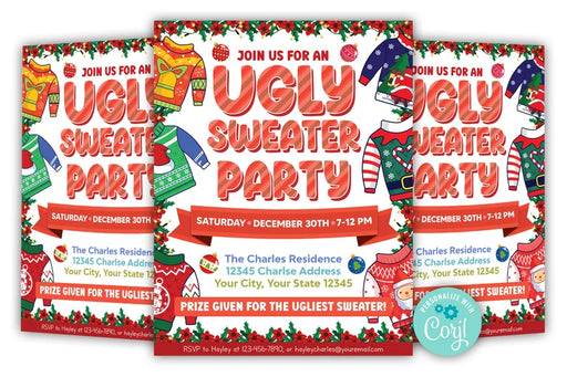 Customizable Ugly Sweater Party Invitation Flyer | Ugly Sweater Contest Holiday Party Invite Template