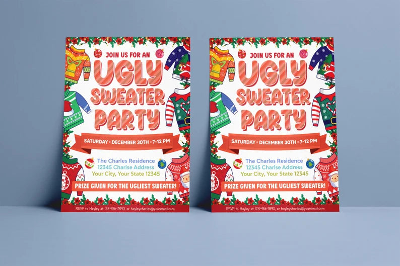 Customizable Ugly Sweater Party Invitation Flyer | Ugly Sweater Contest Holiday Party Invite Template