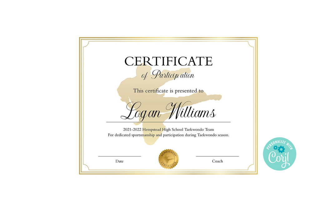 Editable Taekwondo Certificate Template, DIY Tae kwon do Participation Award. Printable Taekwondo Personalized Certificate Sports Award