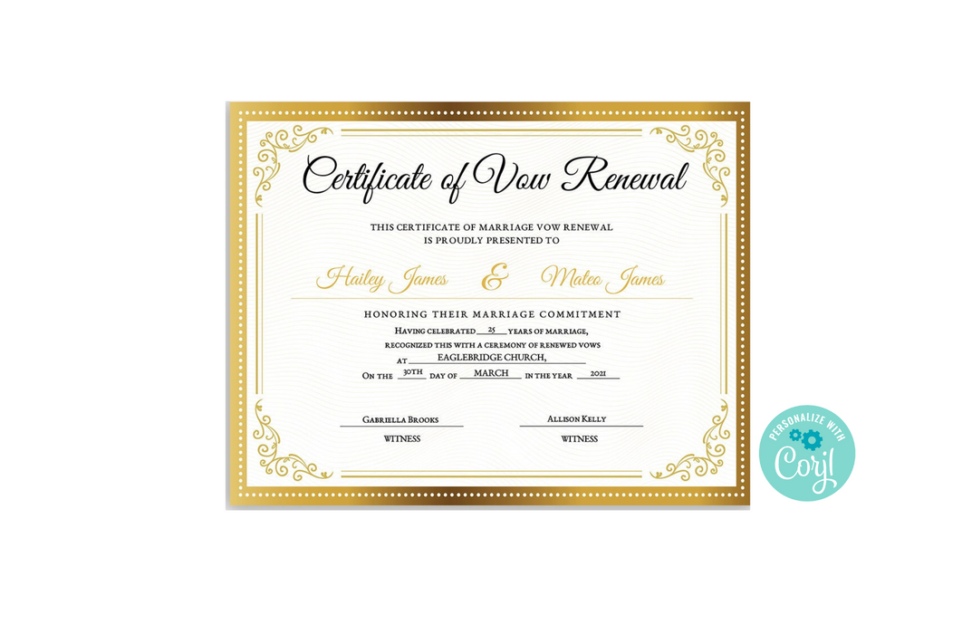 Golden Vow Renewal Certificate Template | Gold Decorative Wedding Vow Renewal | Vow renewal Printables
