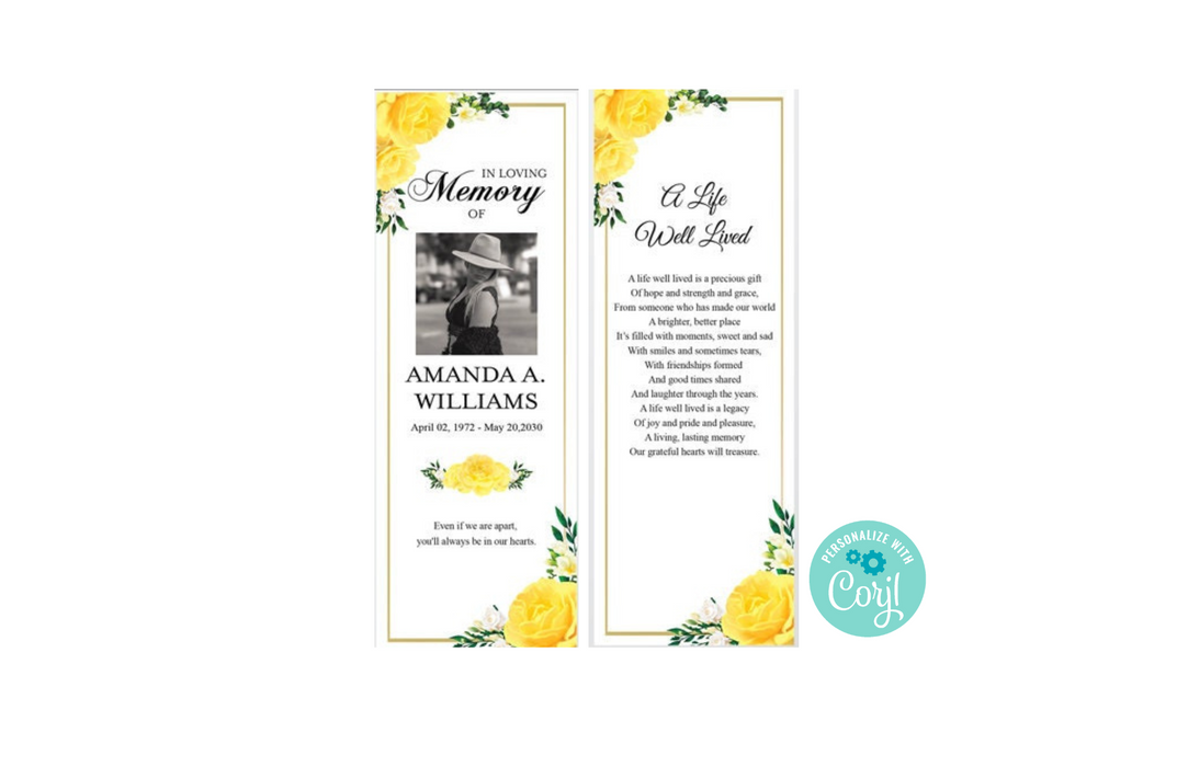 Editable Funeral Bookmark Template, Yellow Rose Obituary Bookmark Funeral Keepsake