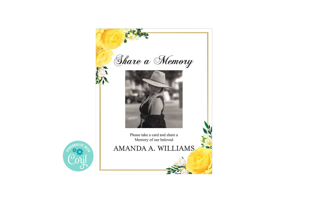 Editable Funeral Share a Memory Card and Sign, DIY Yellow Rose Funeral Template, Funeral Keepsake