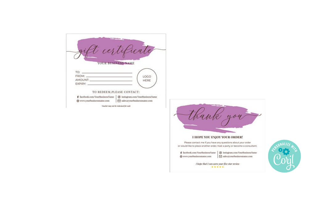Set of 2 EDITABLE Purple Minimalist Small Business Thank You Card and Gift Certificate Bundle, Printable Thank You for Supporting My Small Business Card