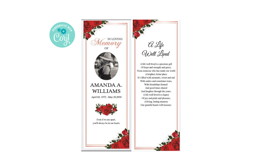 Editable Funeral Bookmark Template, Red Rose Obituary Bookmark Funeral Keepsake