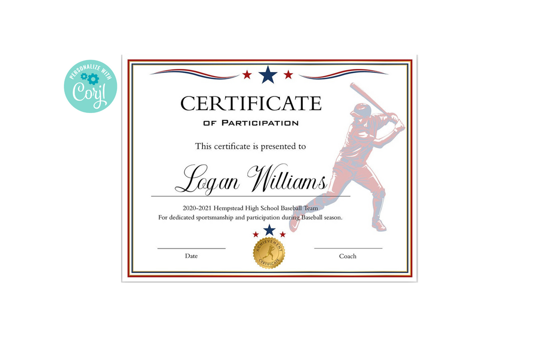 Printable Boys Baseball Certificate Template, Editable Red White  Baseball Participation Award, Boys Baseball Award Diploma Sports