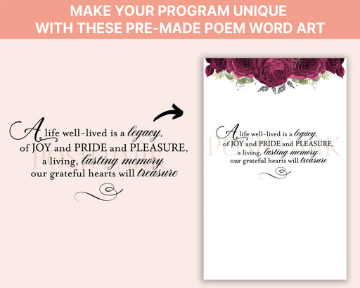 A Life Well-Lived Is A Legacy Funeral Poem Word Art  | Transparent Pre-made Funeral Program Poem
