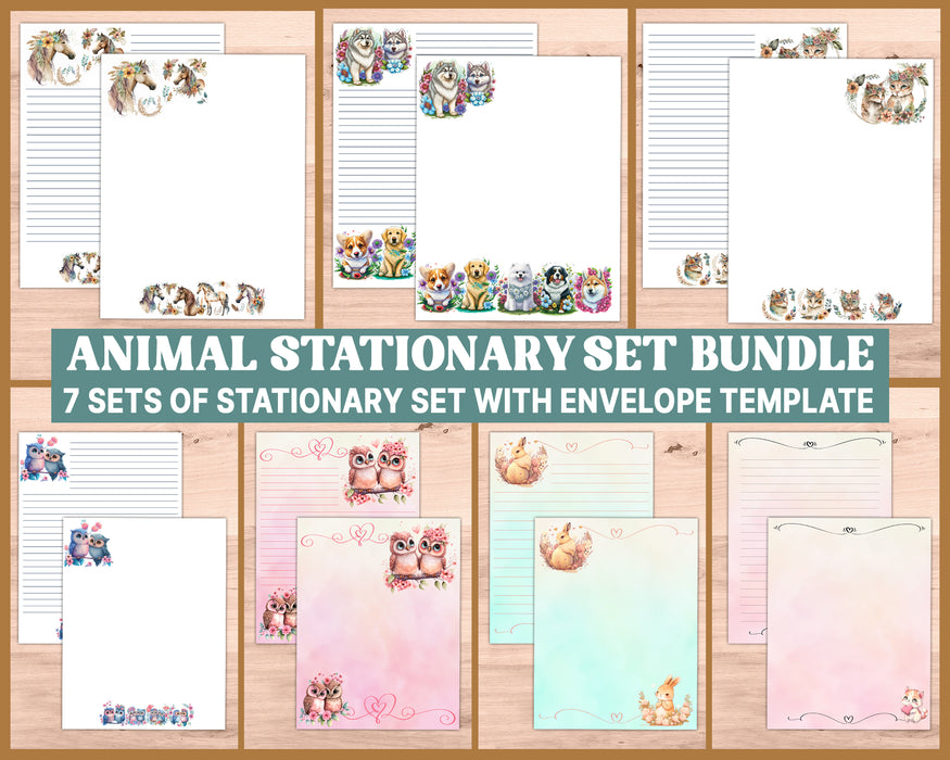 59 Piece, 7 Sets of Printable Animal Stationary Bundle |  Digital Writing Kit