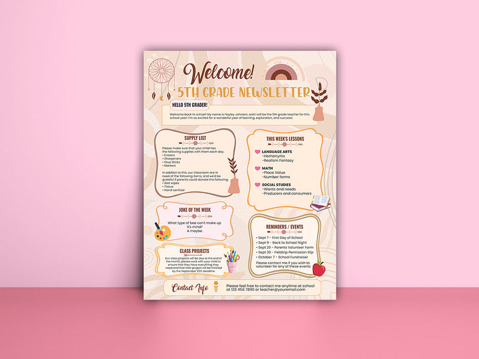 First Day of School, Newsletter Template, school open house, Open house flyer, Back to School Flyer, school newsletter, boho rainbow, editable newsletter, template digital, template for teacher, template printable, meet the teacher, school flyer