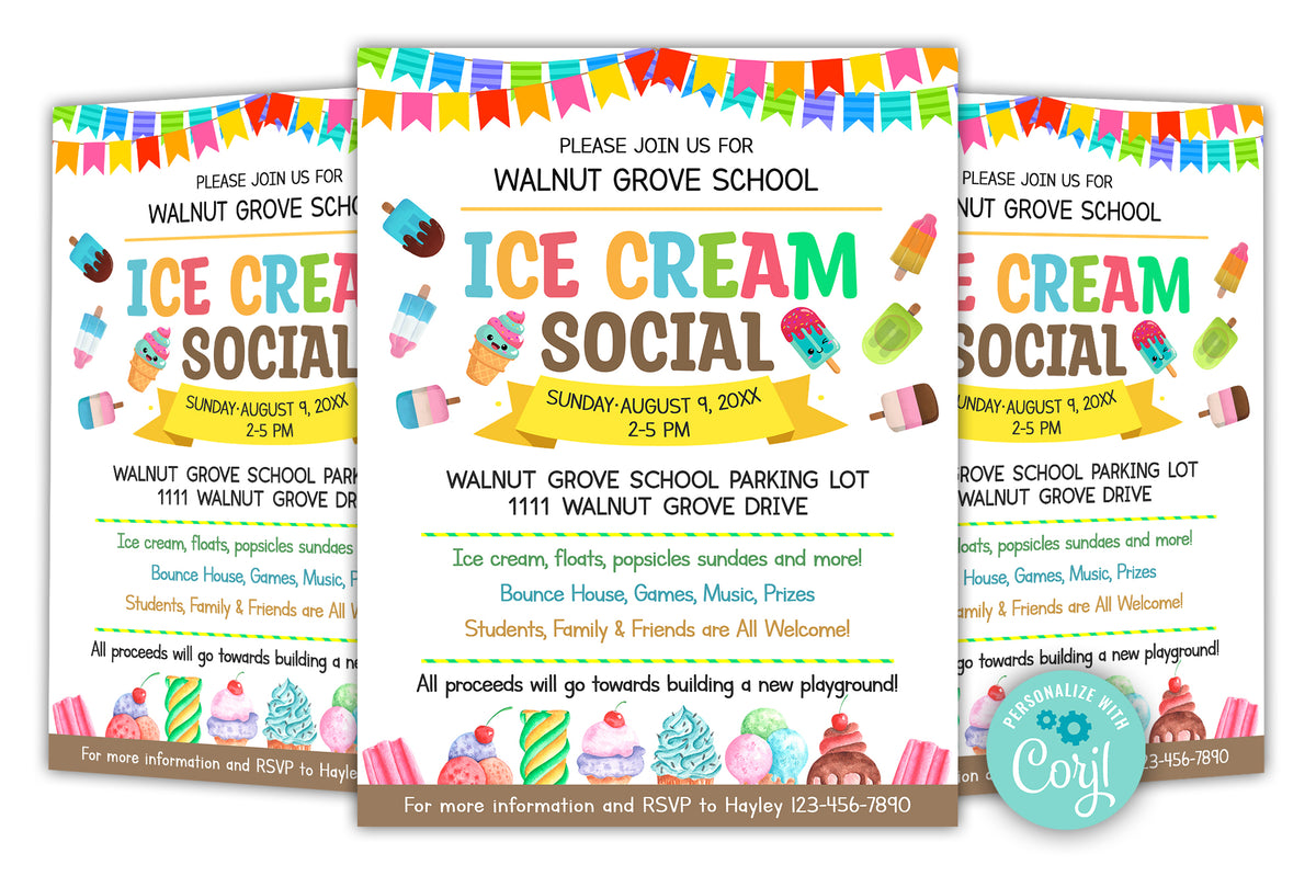 Summer Ice Cream Social Flyer, Editable Ice Cream Party Watercolor Fly ...