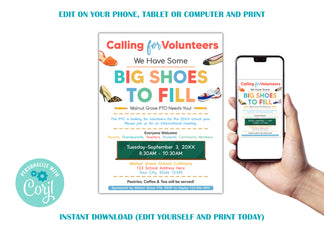 Editable DIY Big Shoes to Fill School Flyer Template, PTO PTA Voluntee ...