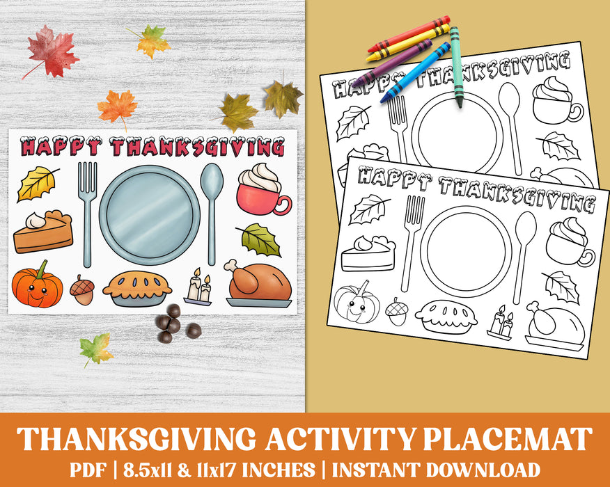 Printable PDF Kids Fall Coloring Pages, Cute Thanksgiving Kids  Activity Coloring Placemat