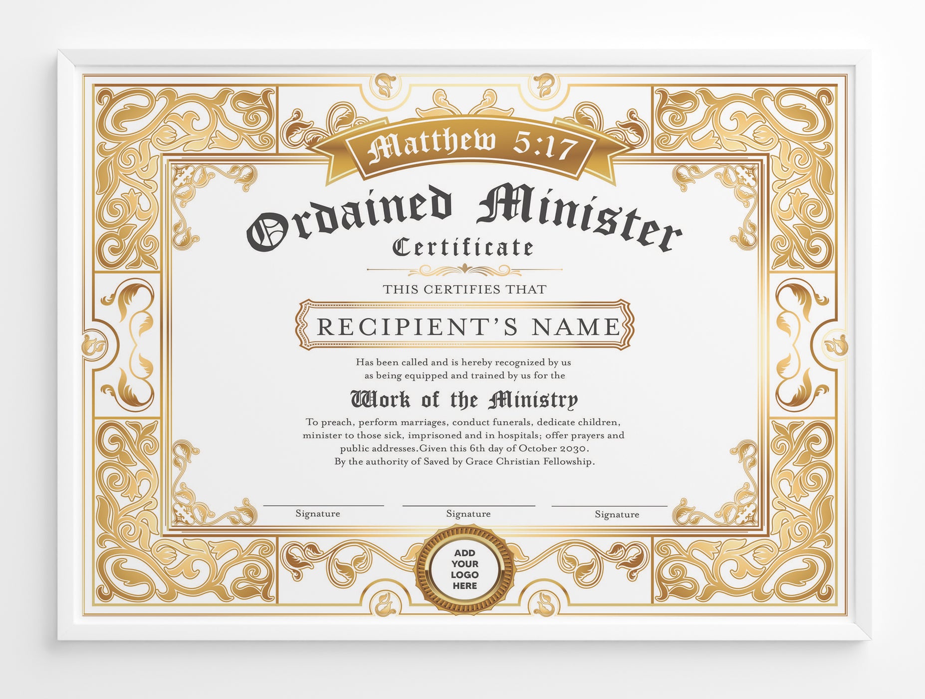 Editable Certificate of Ordination Minister Gold, Ordained Minister Ce ...