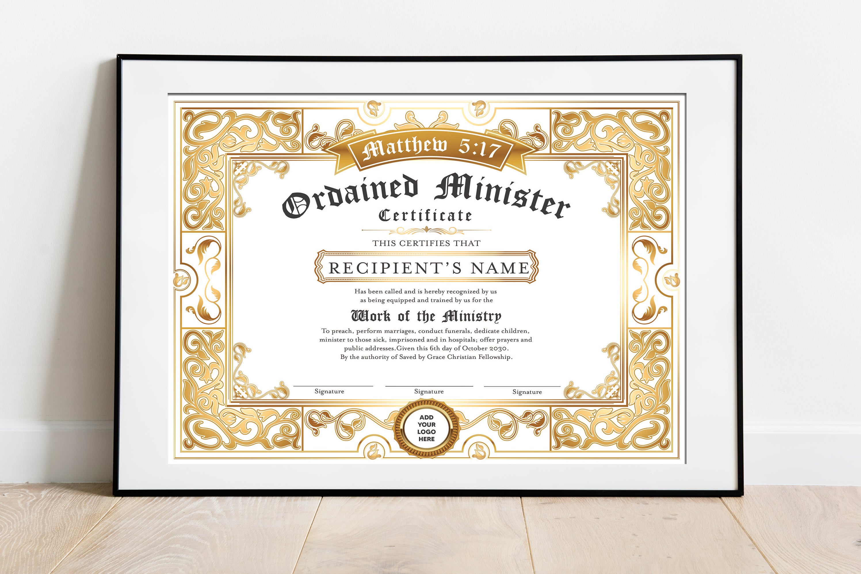 Editable Certificate of Ordination Minister Gold, Ordained Minister Ce ...