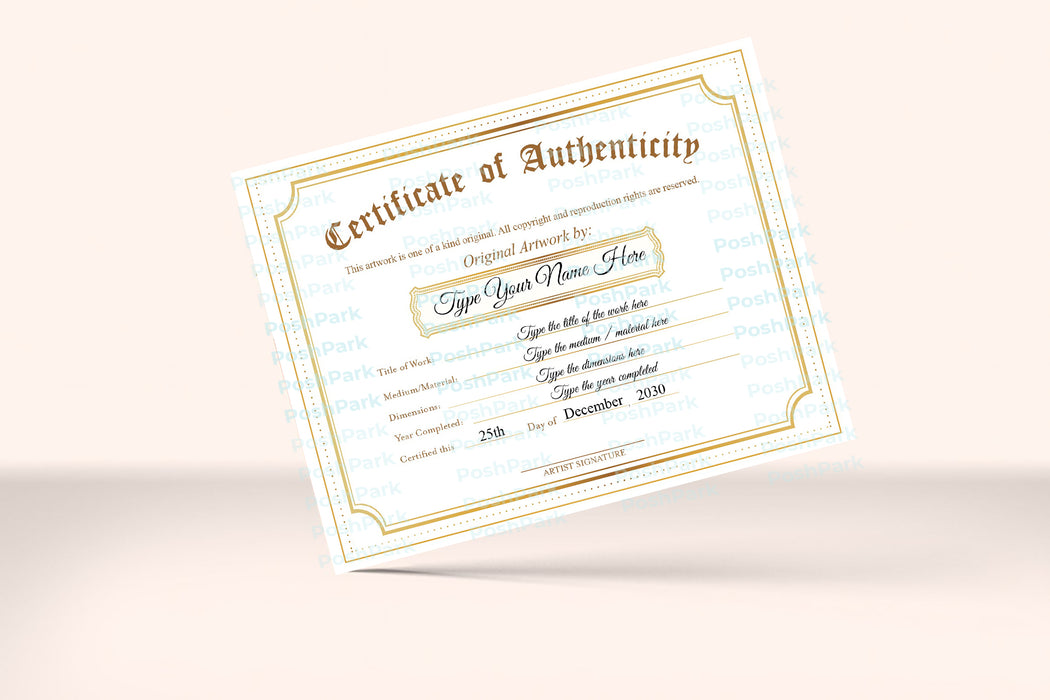 Editable 4 Certificate of Authenticity for Artwork GOLD per Sheet, Cus ...