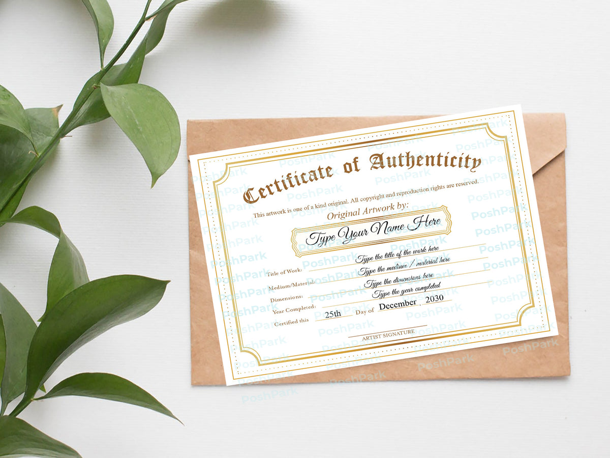 Editable 4 Certificate Of Authenticity For Artwork Gold Per Sheet, Cus 