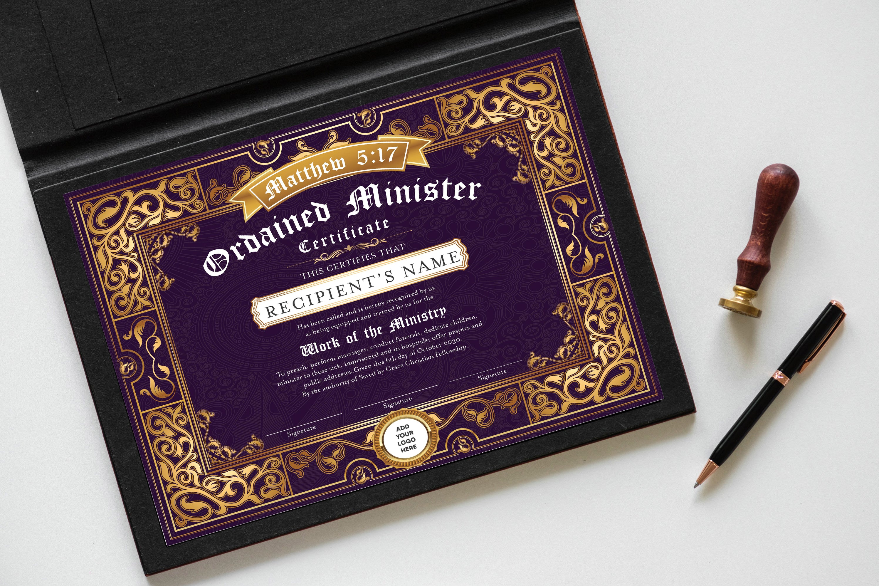 DIY Custom Certificate of Ordination Minister Purple and Gold, Editabl ...