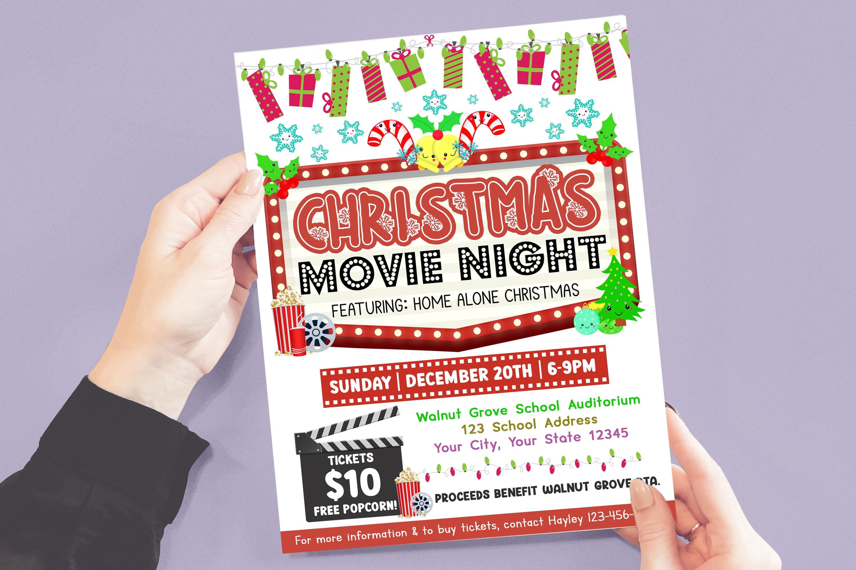 Editable Christmas Movie Night Flyer Template, Custom Digital Cinema P ...