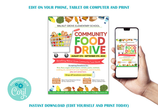 School Food Drive Flyer, Editable PTA PTO Community Fundraiser Flyer Template