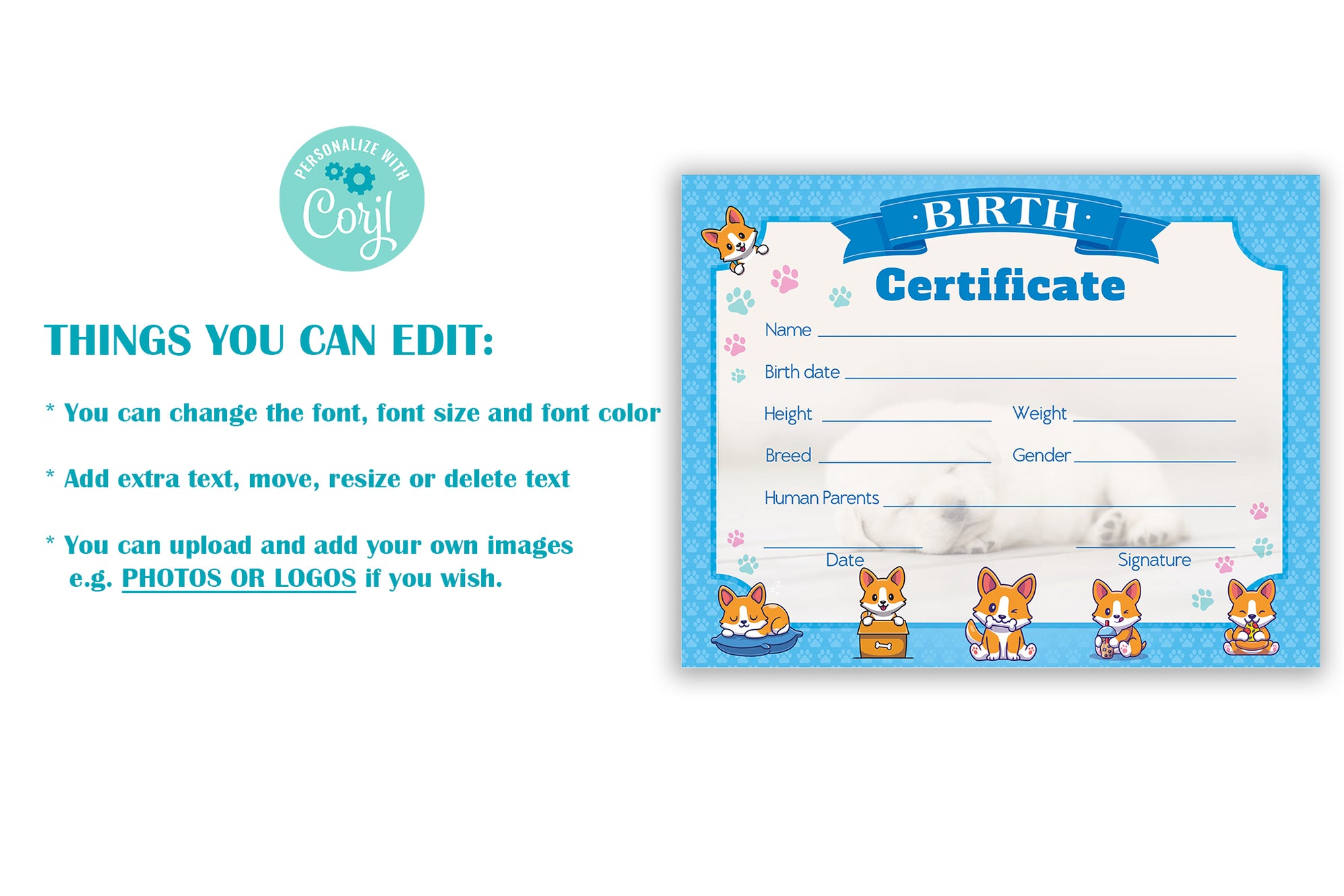Editable Dog Birth Certificate Template, DIY Printable Puppy Birth Cer ...