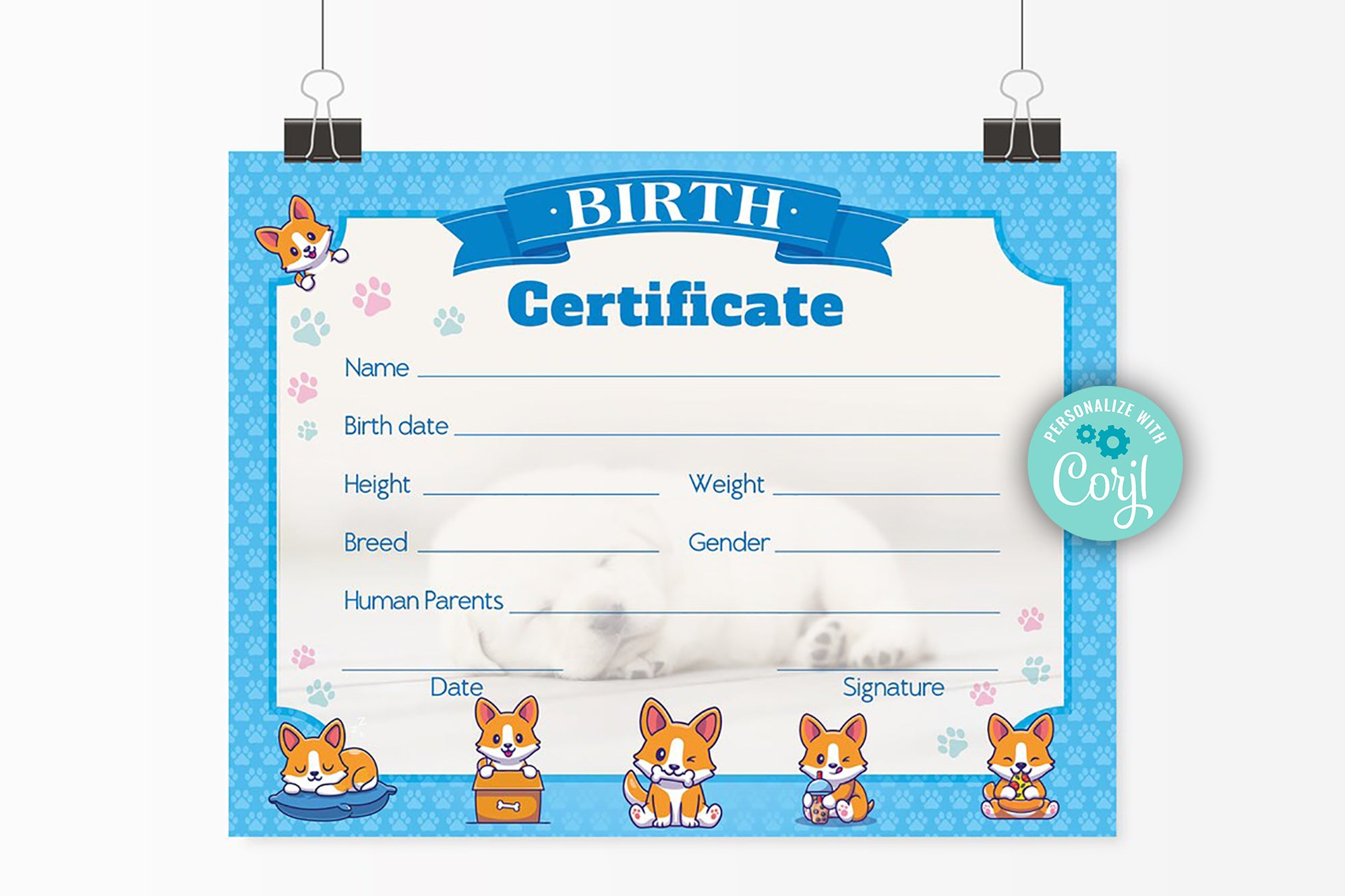 Editable Dog Birth Certificate Template, DIY Printable Puppy Birth Cer