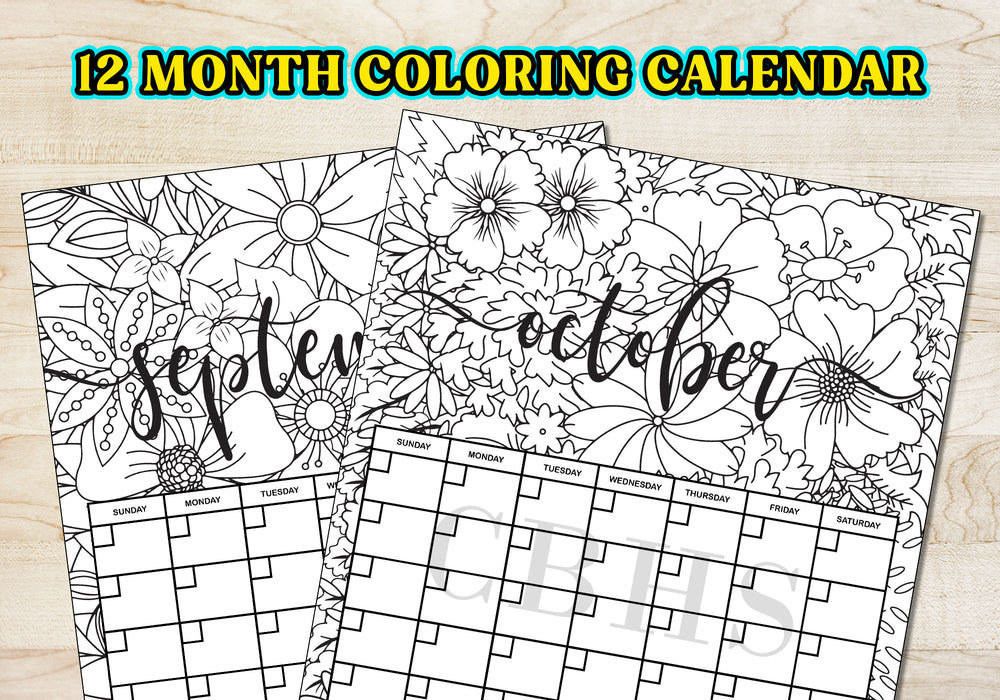 Printable 12 Month Adult Coloring Calendar Floral Pattern