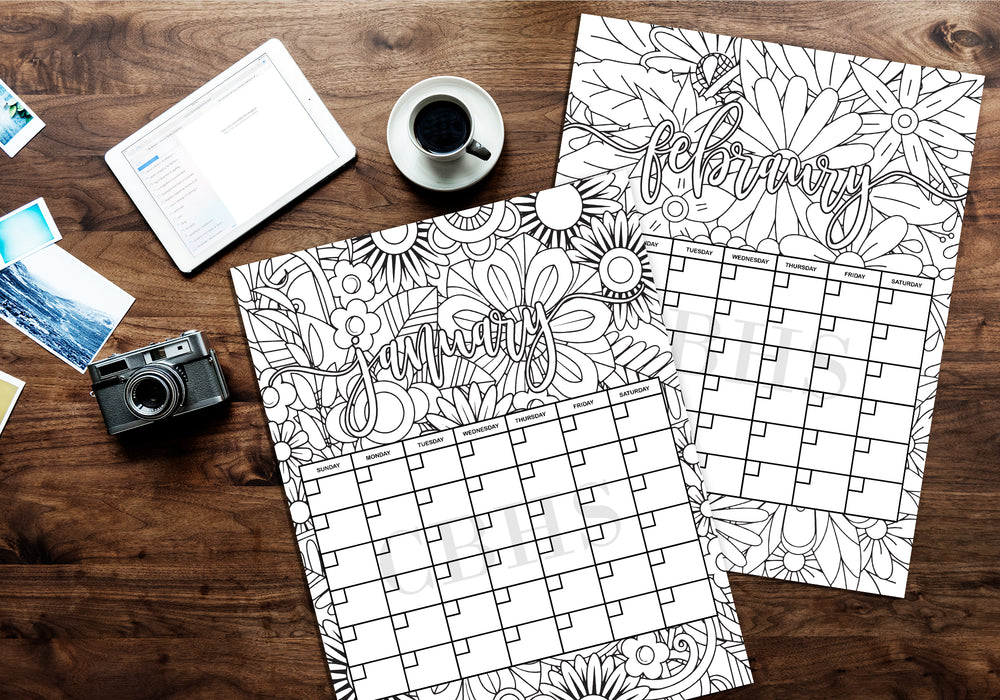 PDF 12 Month Adult Doodle Coloring Pages Yearly Calendar