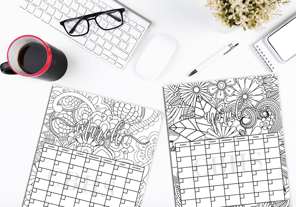 PDF 12 Month Adult Doodle Coloring Pages Yearly Calendar