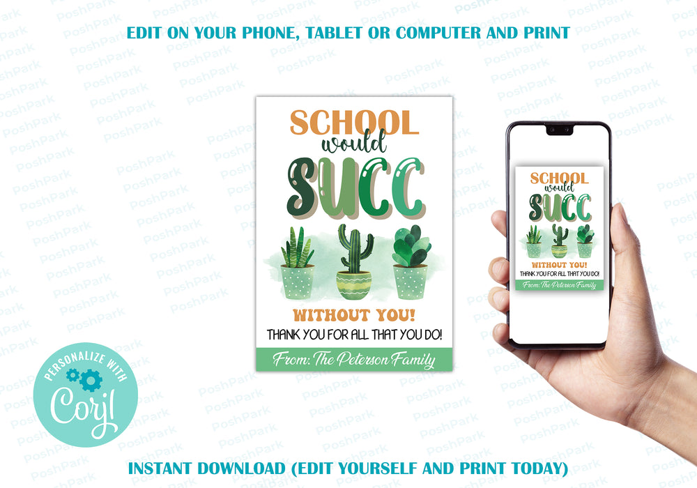 succulent teacher gift tag Editable School Would SUCC Without You Succulent Gift Tag, Succulent S — Posh Park