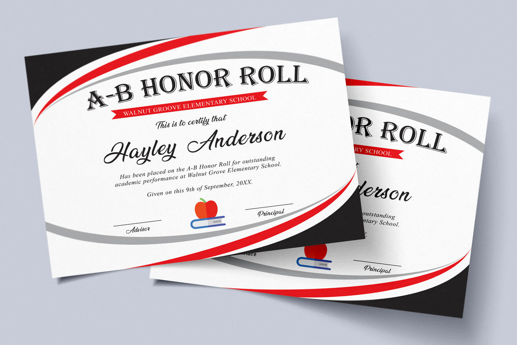 Customizable Red And Black AB Honor Roll Certificate | School Award Template
