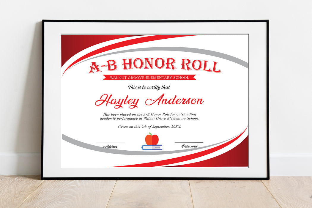 AB Honor Roll Certificate Red  | School Award Template