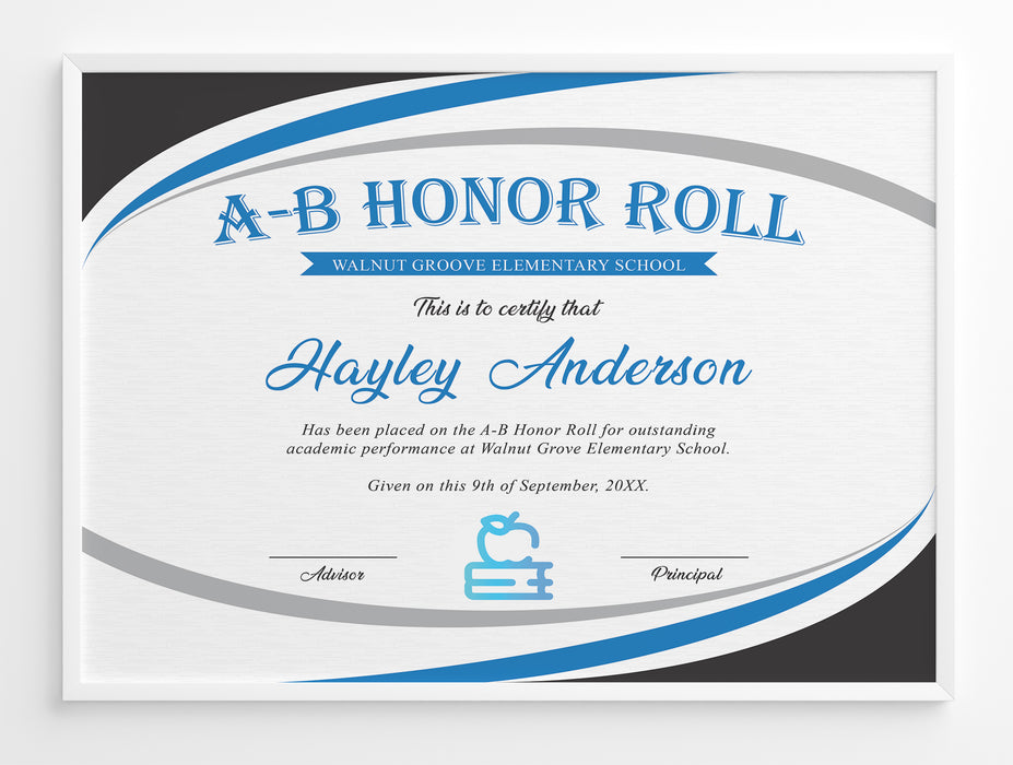 DIY Blue and Black AB Honor Roll Certificate | School Achievement Award Template