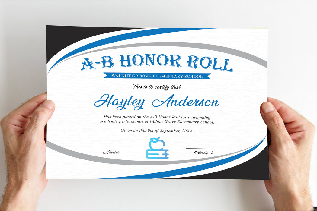 DIY Blue and Black AB Honor Roll Certificate | School Achievement Award Template