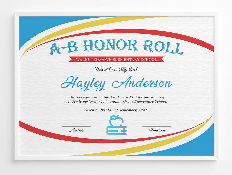 AB Honor Roll School Award Certificate Template | Student Achievement Award