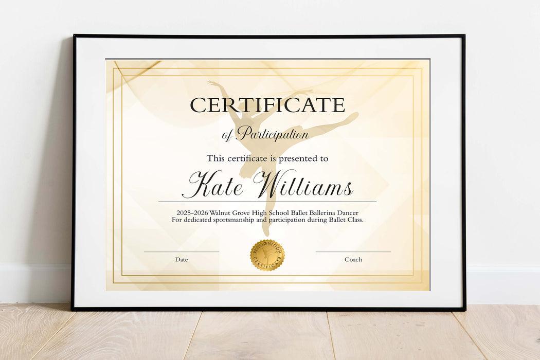 DIY Ballet Dancing Award Certificate Template | Ballerina Dance Participation Certificate