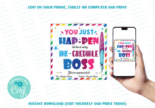 Pen Gift tag, Thank You Gift Tag, gift tag, gift tag printable, flair pen tag, You Happen To Be, boss appreciation, gift tag boss, corporate gifts, boss day gift, thank you boss, ink-credible boss, best boss