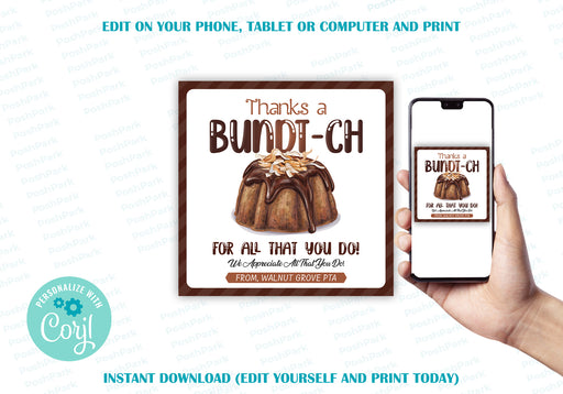 Bundt Cake Tag, Thanks a Bundt-ch, Thanks a Bunch Tag, Teacher Appreciation, Staff Appreciation, Employee Thank You, thank you cookies Coffee Gift Tag, treat bag tags, editable tags, thank you favors, favor tag template, thank you teacher