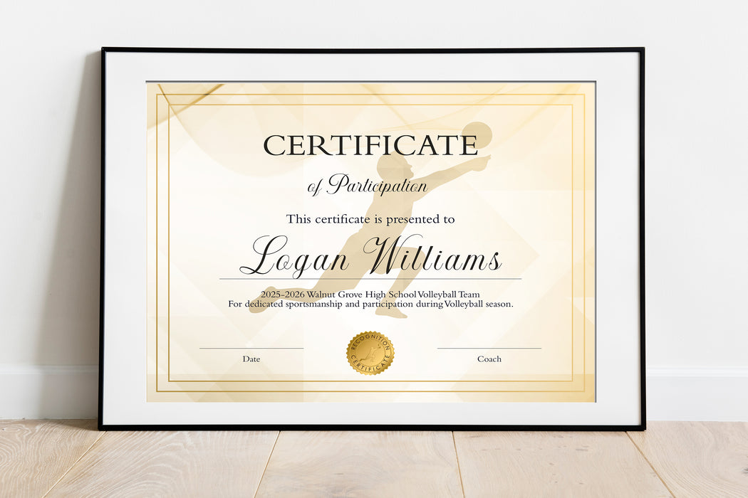 DIY Volleyball Award Certificate for Boys | Sport Participation Template