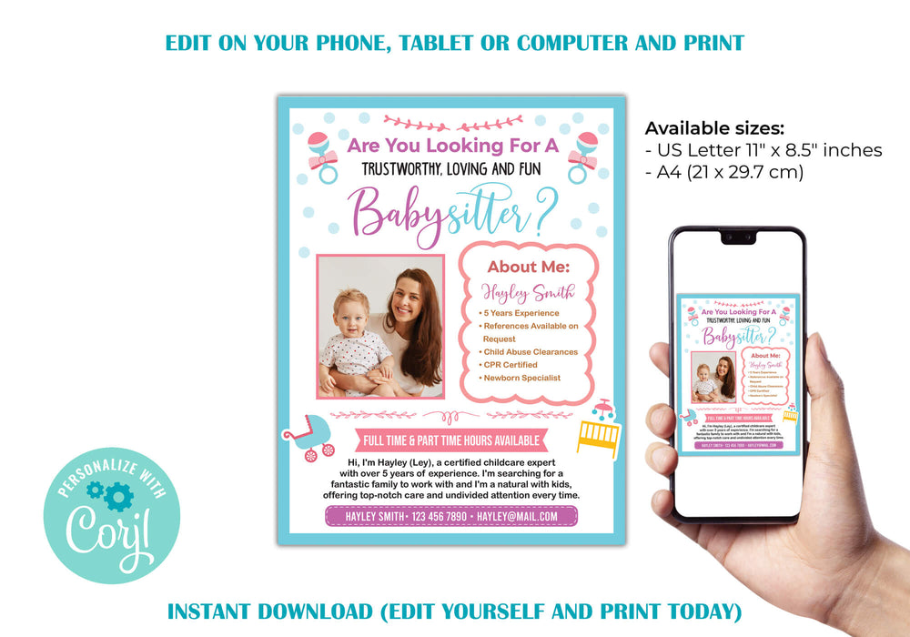 DIY Customizable Babysitter Flyer |  Childcare Service Small Business Template