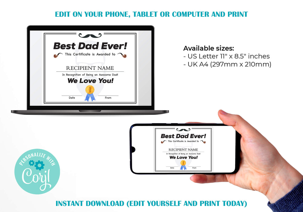 Customizable World's Best Dad Ever Certificate Award Template | Gift Award for Dad