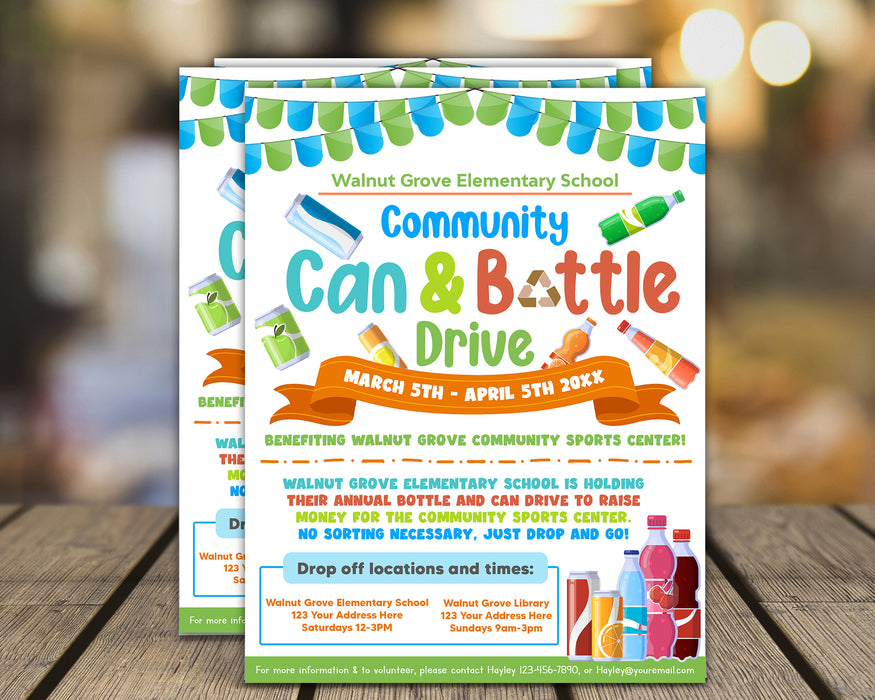 DIY Customizable Can and Bottle Drive Flyer | Recycling Fundraiser Template