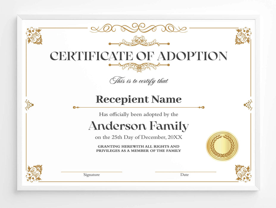 DIY Certificate of Adoption to Our Family Template