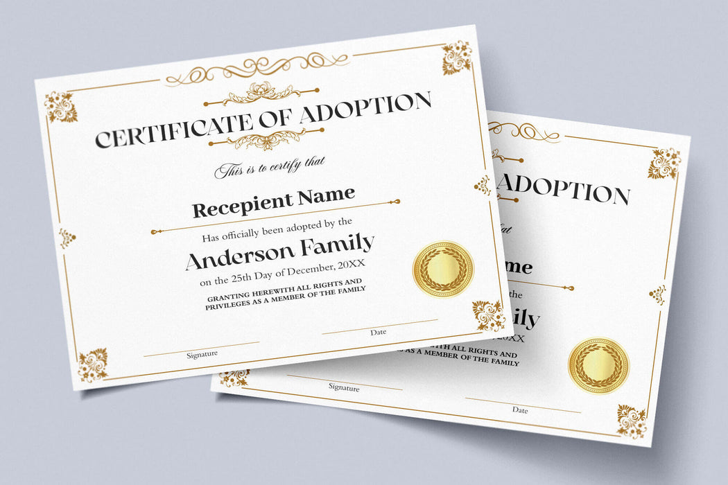 DIY Certificate of Adoption to Our Family Template