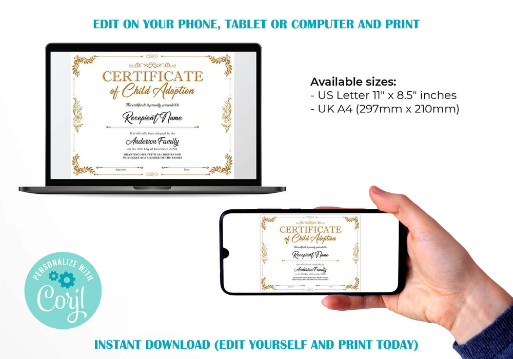 Customizable Certificate of Child Adoption Template | Gift Certificate for Step Mother