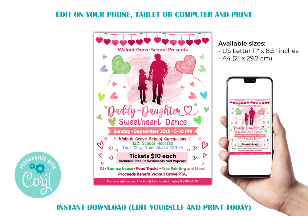 Customizable Dad and Daughter Sweetheart Dance Flyer | Father and Daughter Fundraiser Flyer